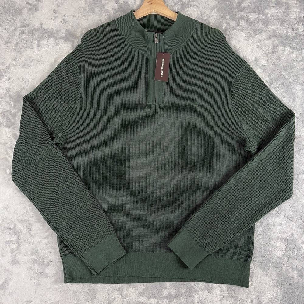 Michael Kors Men's Waffle Knit Quarter Zip Sweater Size XL Green $128 NWT